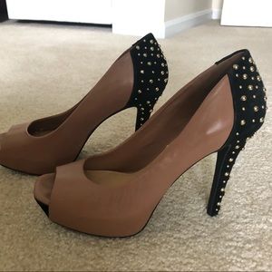 JS~Leather Studded open toe Heels